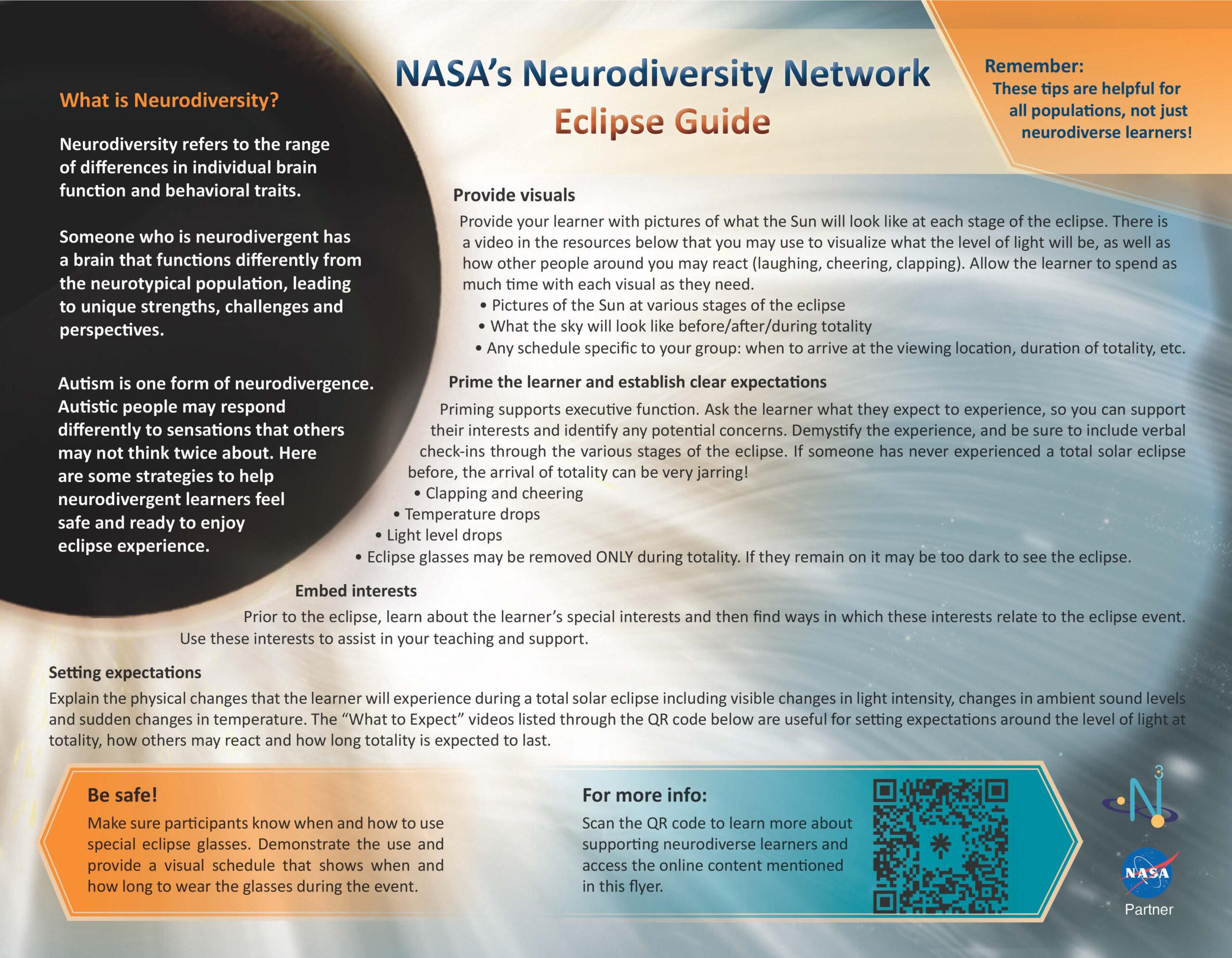 Flyer with information on supporting Neurodiverse learners during a total solar eclipse. 