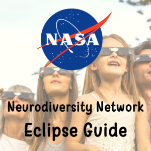 Picture of people wearing eclipse glasses and the NASA logo